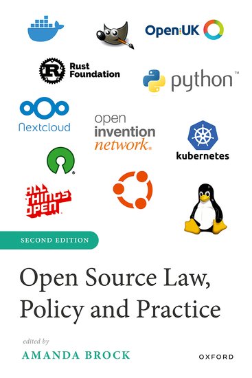Book cover for Open Source Law, Policy and Practice, Second Edition, showing the logos of various open source projects and companies based around open source projects.