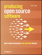 Book cover for Producing Open Source Software, showing a circular cluster of white arrows on a striped orange background. The white arrows are all 'following' a larger yellow arrow.