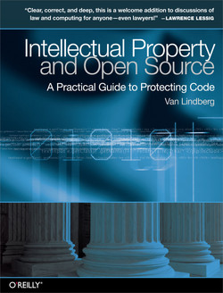 Book cover for Intellectual Property and Open Source, showing an abstract blue-black design incorporating marble columns and numbers in a digital font.